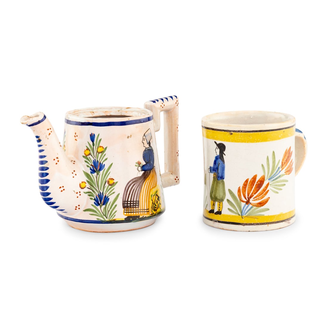 Two Quimper Ceramic Articles: Two Quimper Ceramic Articles 19th Century comprising a teapot (lacking lid) and mug. Height of first 5 x width 8 inches. Property from the Collection of Robert and Roseann Drucker, Wilmette, IL This l