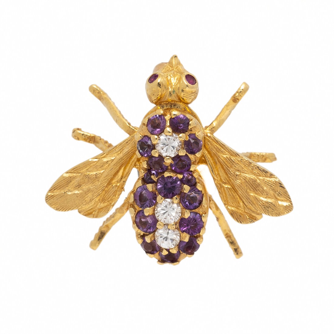 Herbert Rosenthal, Amethyst, and Diamond, and Yellow Gold Bee Brooch: Herbert Rosenthal, Amethyst, and Diamond, and Yellow Gold Bee Brooch Round amethysts, round diamonds, and two round rubies. 18 karat yellow gold. 3/4 inch long. Stamp (Herbert Rosenthal maker's mark) 