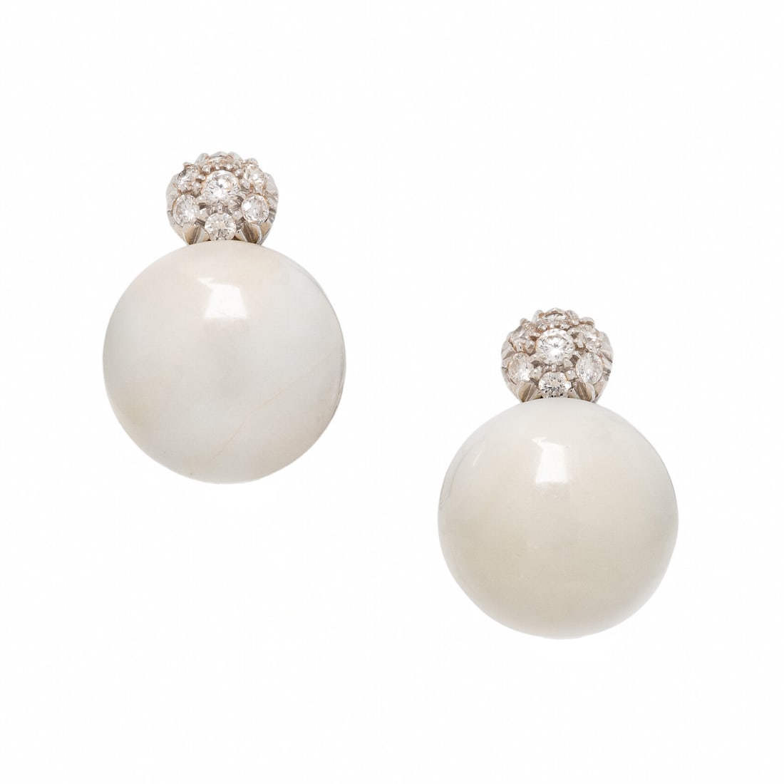 Chantecler Capri, Cacholong, Diamond, and White Gold Earrings: Chantecler Capri, Cacholong, Diamond, and White Gold Earrings Round cabochon cacholong measuring approximately 12.00 mm and round diamonds. 18 karat white gold. 3/4 inch long. Stamp: Chantecler Capri