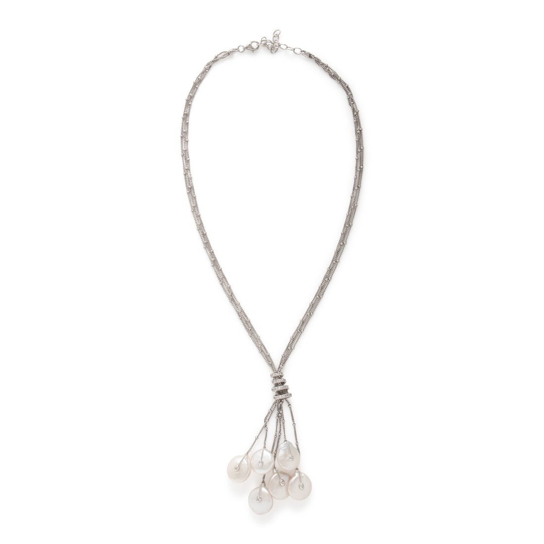 Yvel, Cultured Coin Pearl, Diamond, and White Gold Necklace: Yvel, Cultured Coin Pearl, Diamond, and White Gold Necklace Cultured coin pearls measuring approximately 15.50 x 13.00 x 5.50 mm, and round diamonds weighing approximately 0.55 carat total. 18 karat