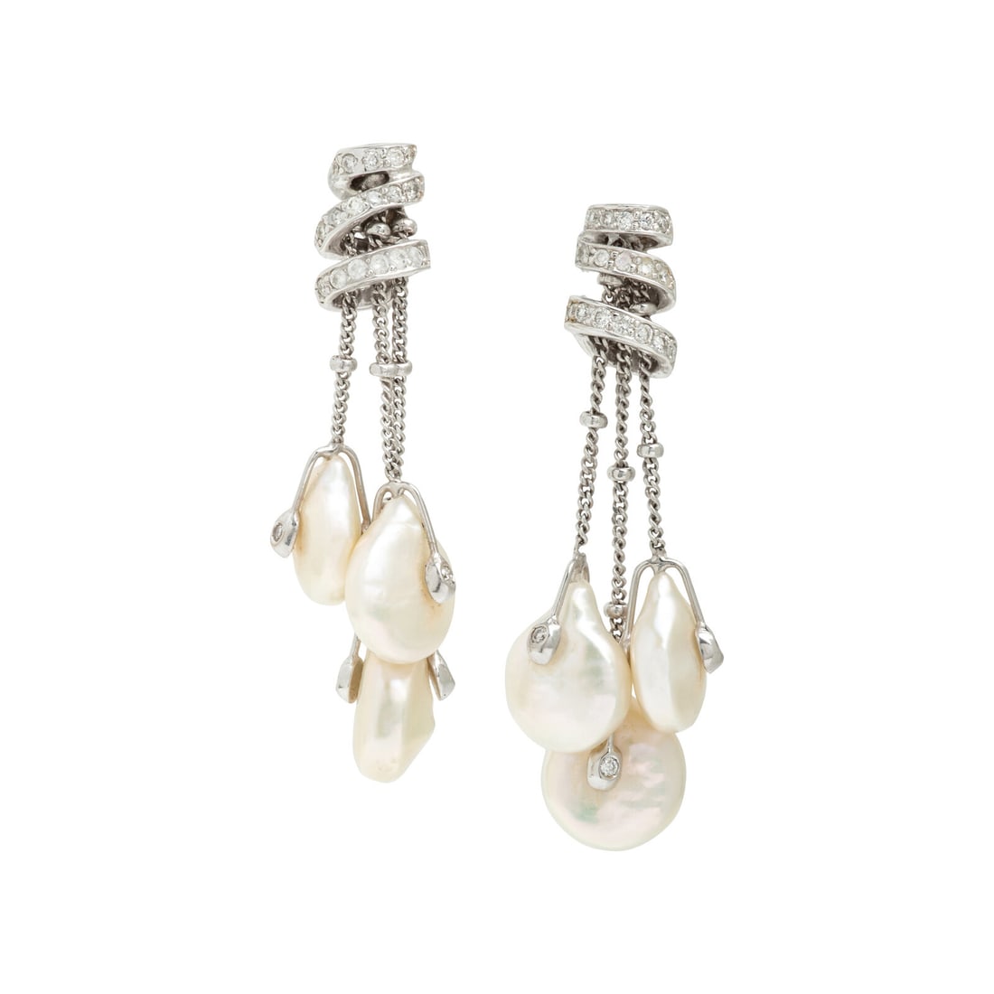Yvel, Cultured Coin Pearl, Diamond, and White Gold Tassel Earrings: Yvel, Cultured Coin Pearl, Diamond, and White Gold Tassel Earrings Cultured coin pearls measuring approximately 12.50 x 9.95 x 5.20 mm, and round diamonds weighing approximately 0.45 carat total. 18