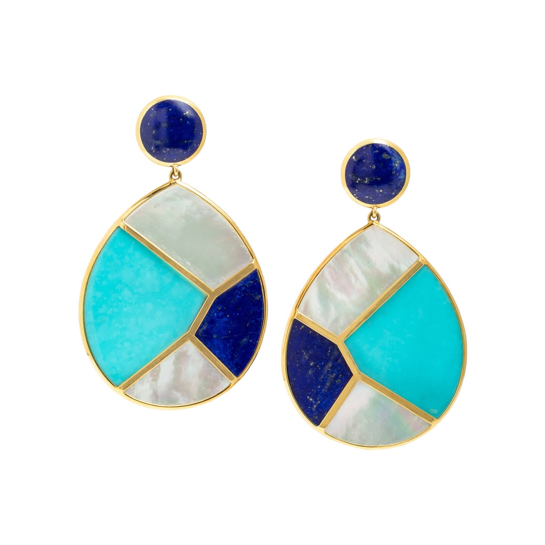 Ippolita, Lapis Lazuli, Turquoise, and Mother-of-Pearl Pendant Earrings: Ippolita, Lapis Lazuli, Turquoise, and Mother-of-Pearl Pendant Earrings Lapiz lazuli, turquoise, and mother-of-pearl inlay. 18 karat yellow gold. 2 inches long. Stamp: IPPOLITA 18K. Gross weight: