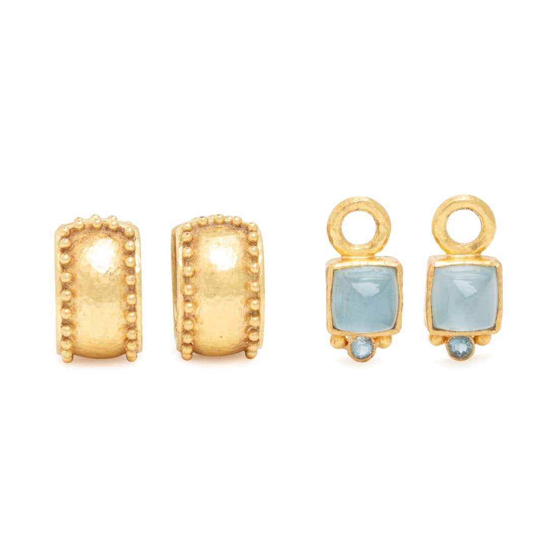 Elizabeth Locke, Pair of Yellow Gold Earrings and Two Aquamarine Drops: Elizabeth Locke, Pair of Yellow Gold Earrings and Two Aquamarine Drops Including a pair of hammered yellow gold earrings, and two earring drops set with sugarloaf aquamarines atop mother-of-pearl and