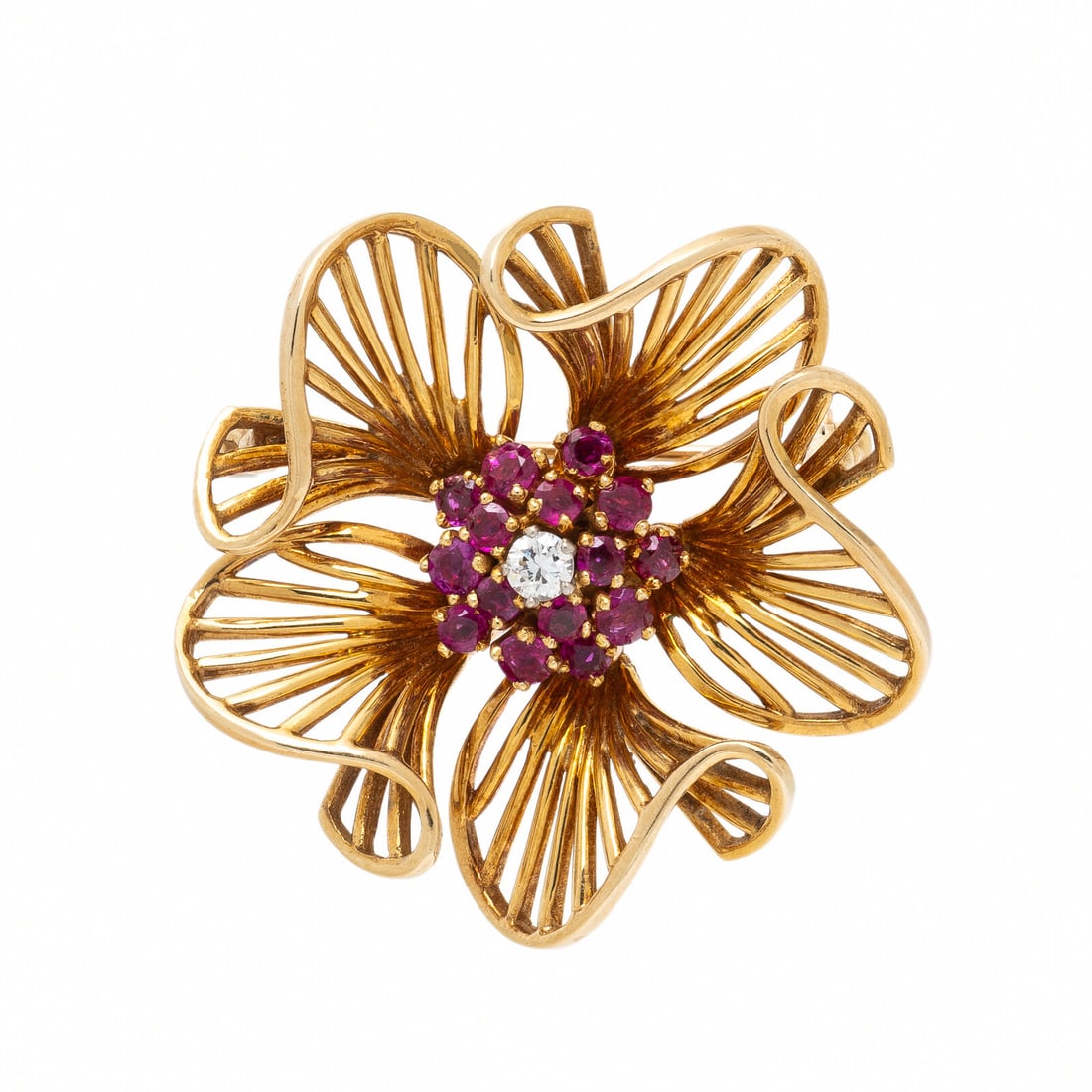 Tiffany & Co., Ruby, Diamond, and Yellow Gold Flower Brooch: Tiffany & Co., Ruby, Diamond, and Yellow Gold Flower Brooch Round diamond and round rubies. 14 karat yellow gold. 1 3/8 x 1 3/8 inches. Stamp: TIFFANY 14K. Gross weight: 8.70 dwt. This lot is loca