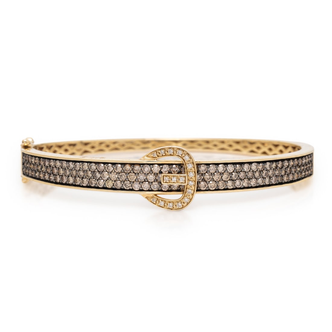 Le Vian, Diamond and Colored Diamond Buckle Bangle Bracelet: Le Vian, Diamond and Colored Diamond Buckle Bangle Bracelet Round diamonds and round brown, yellow, and orange diamonds (origin of color not tested), hinged with a side clasp. 14 karat yellow gold. 6