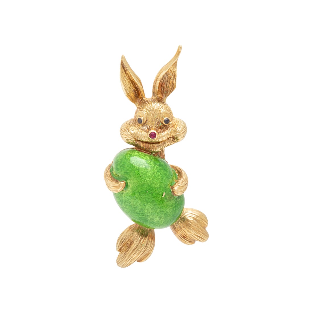 Cartier, PaillonnÈ Enamel and Yellow Gold Easter Bunny Brooch: Cartier, PaillonnÈ Enamel and Yellow Gold Easter Bunny Brooch Round sapphires, round ruby, and green paillonnÈ enamel. 18 karat yellow gold. 1 7/8 inches long. Stamp: CARTIER 18K. Engraved: 