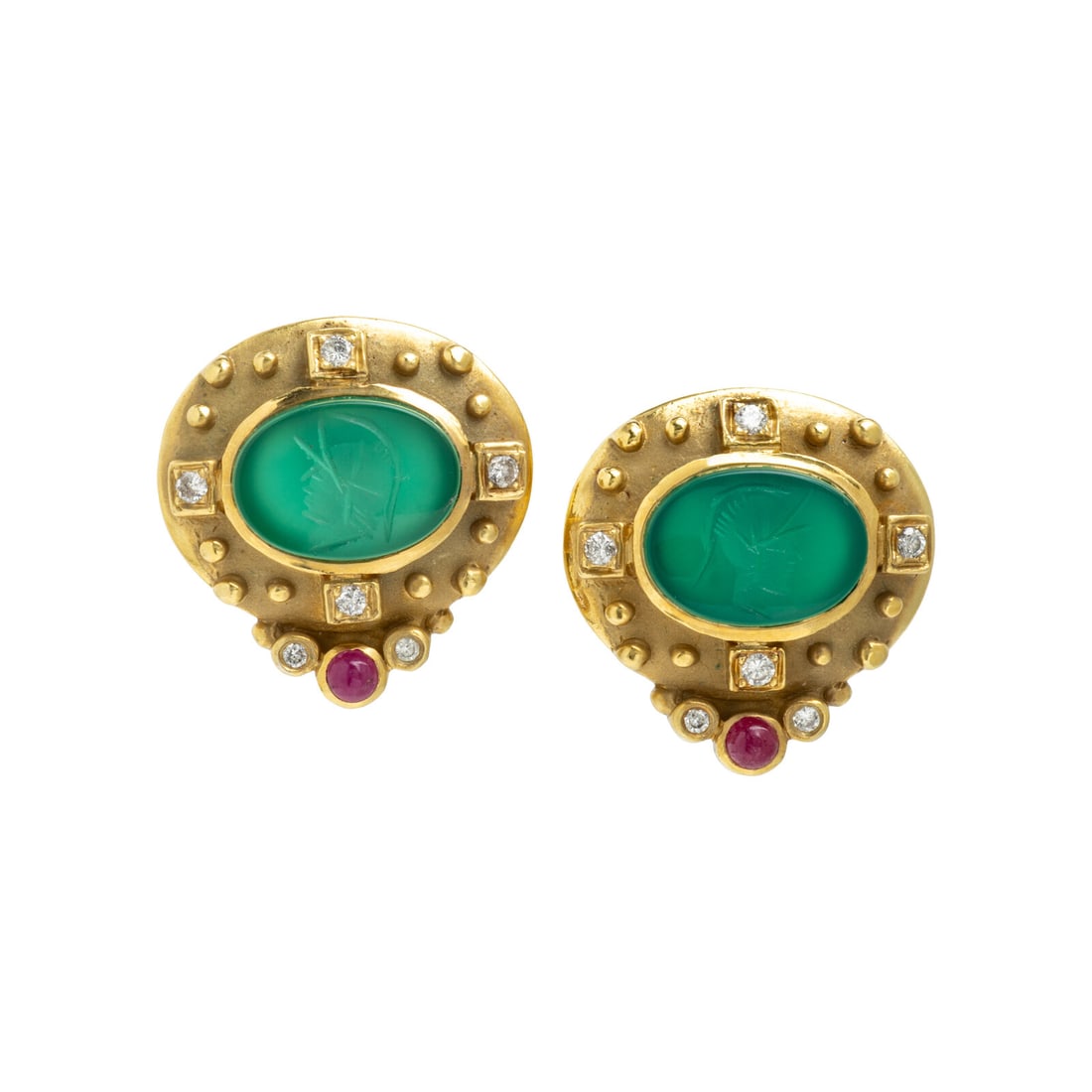 Chrysoprase Intaglio, Multigem, and Yellow Gold Earrings (1 of 2)