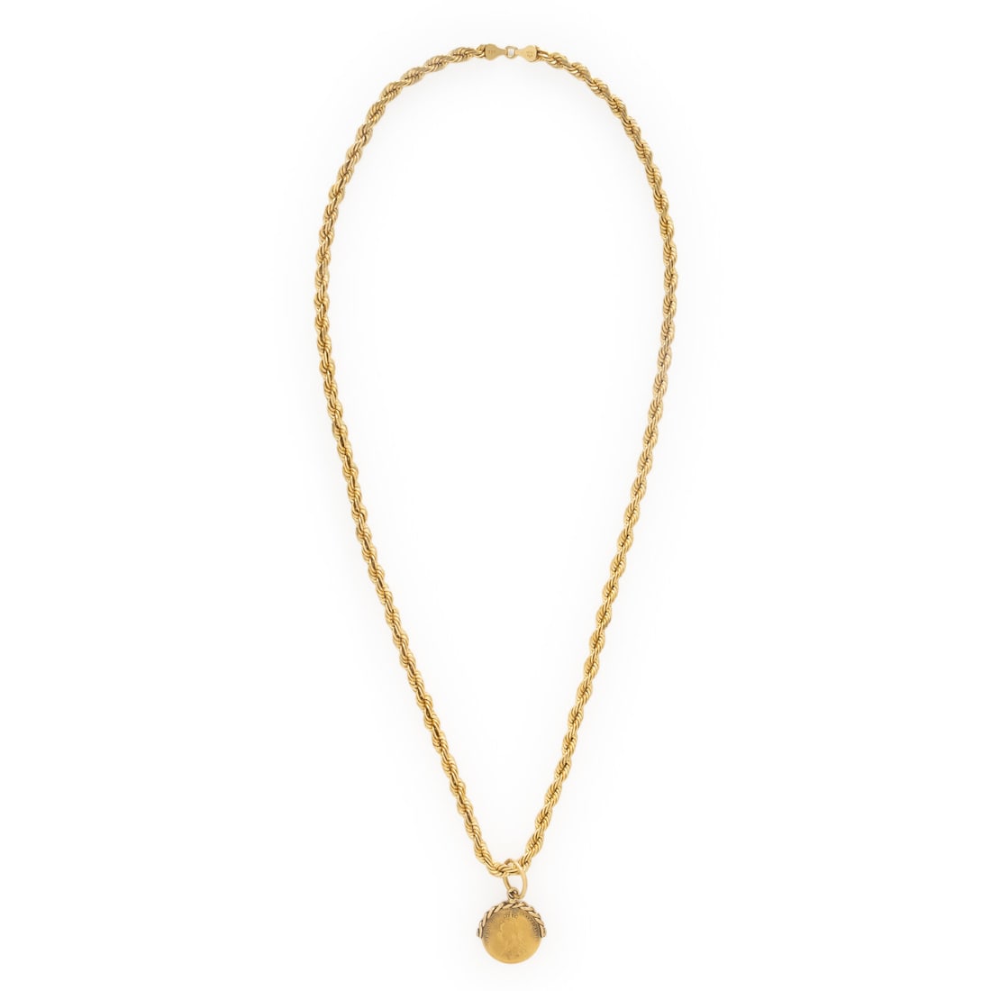 Yellow Gold Coin Pendant Necklace: Yellow Gold Coin Pendant Necklace 14 karat yellow gold chain with a high karat 1891 Victorian Great Britain Sovereign yellow gold coin pendant. 26 1/2 inches long. Stamp: (maker's mark) PERU 14K. Gros