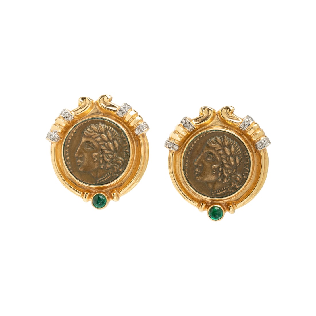 Yellow Gold and Multigem Coin Earrings: Yellow Gold and Multigem Coin Earrings Coins measuring approximately 20.15 mm, round diamonds, and round cabochon emeralds. 14 karat yellow gold. 1 1/4 inches long. Stamp: 14KP RB. Gross weight: 18.60