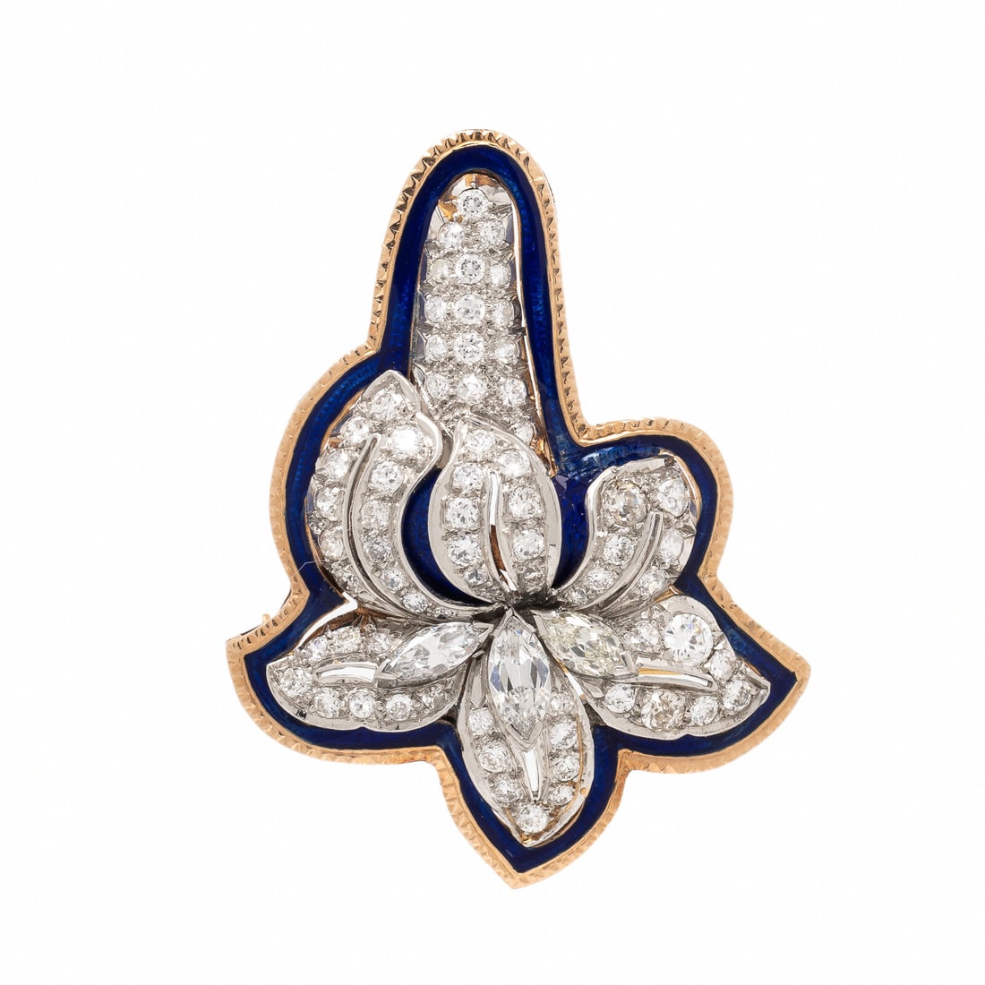Diamond, Platinum, Rose Gold, and Enamel Flower Pendant Brooch: Diamond, Platinum, Rose Gold, and Enamel Flower Pendant Brooch Marquise, transitional, and old European cut diamonds weighing approximately 3.00 - 4.00 carats total, and blue enamel, with retractable 