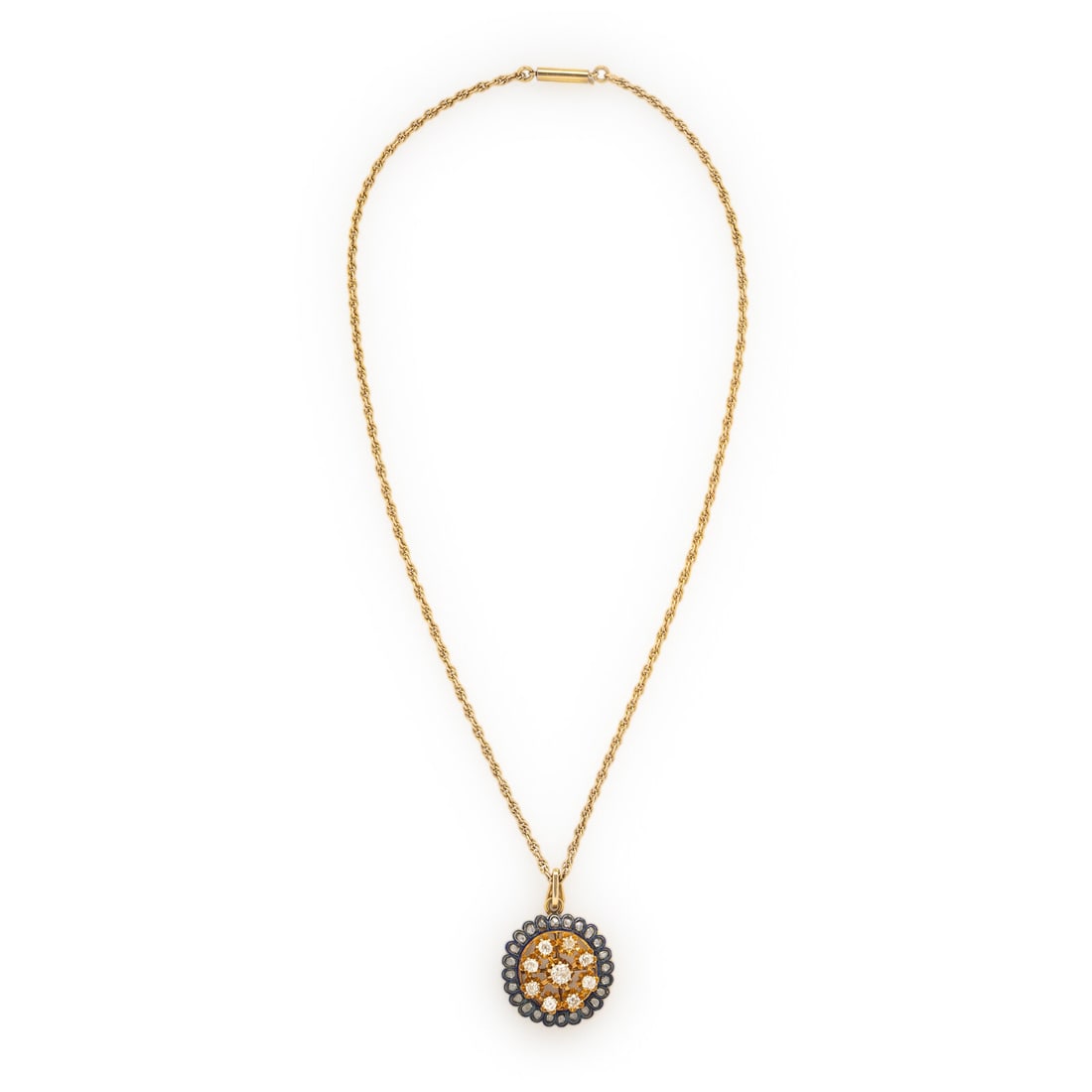Diamond, Enamel, and Yellow Gold Necklace: Diamond, Enamel, and Yellow Gold Necklace Old European cut diamonds weighing approximately 1.25 carats total, rose cut diamonds, and blue enamel. Yellow gold and low karat yellow gold. 18 1/2 inches l