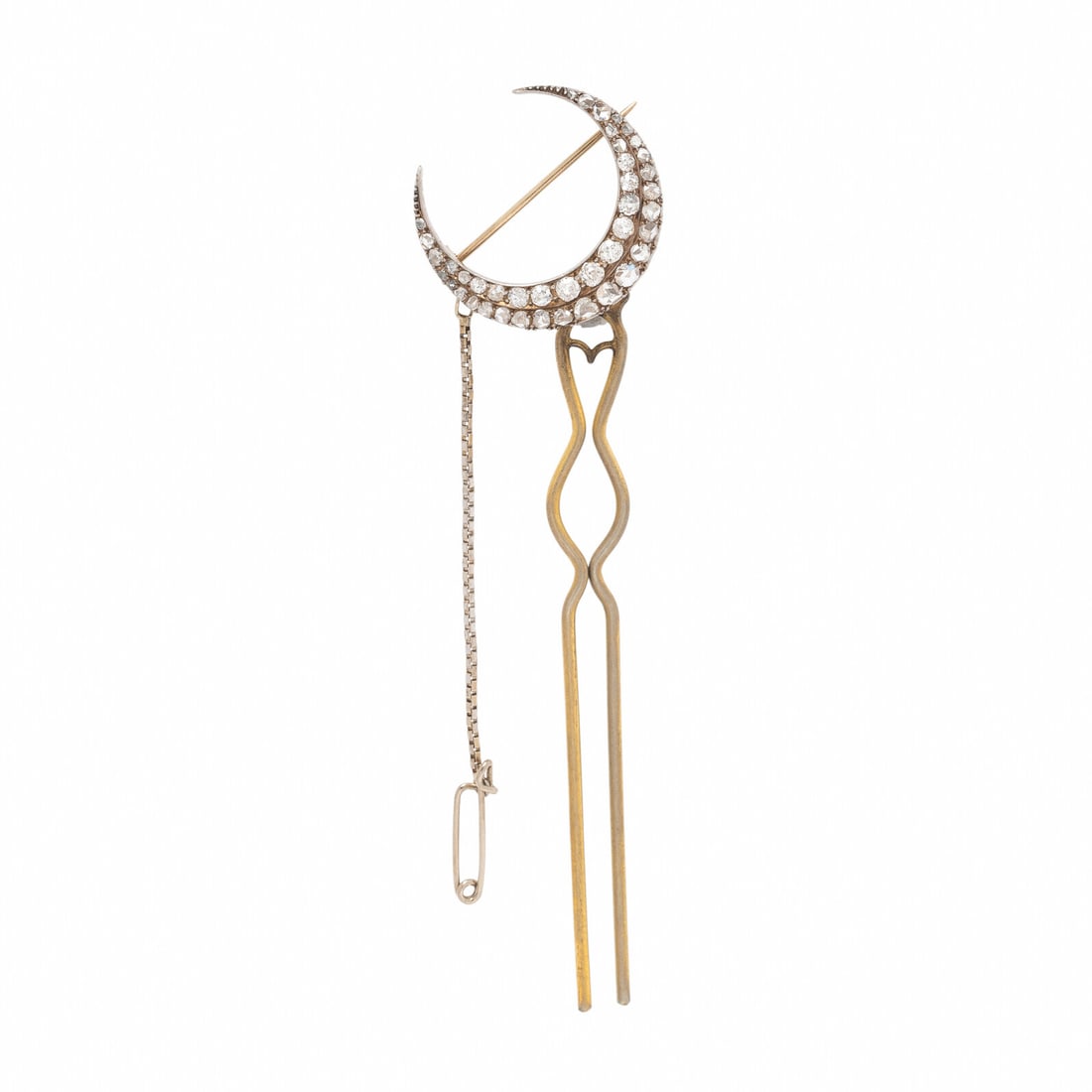 Victorian, Convertible Crescent Hair Pin Brooch: Victorian, Convertible Crescent Hair Pin Brooch Hair pin with a crescent accessory that can be unscrewed as worn as a brooch, with old European and rose cut diamonds. Low-karat yellow gold and silver-