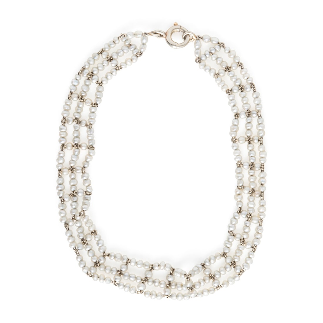 Belle Epoque, Seed Pearl Bracelet: Belle Epoque, Seed Pearl Bracelet Three strands of seed pearls. Sterling silver and 18 karat yellow gold. 7 1/4 inches long. Stamp: (French hallmarks) (partially obscured French import mark). Gross we