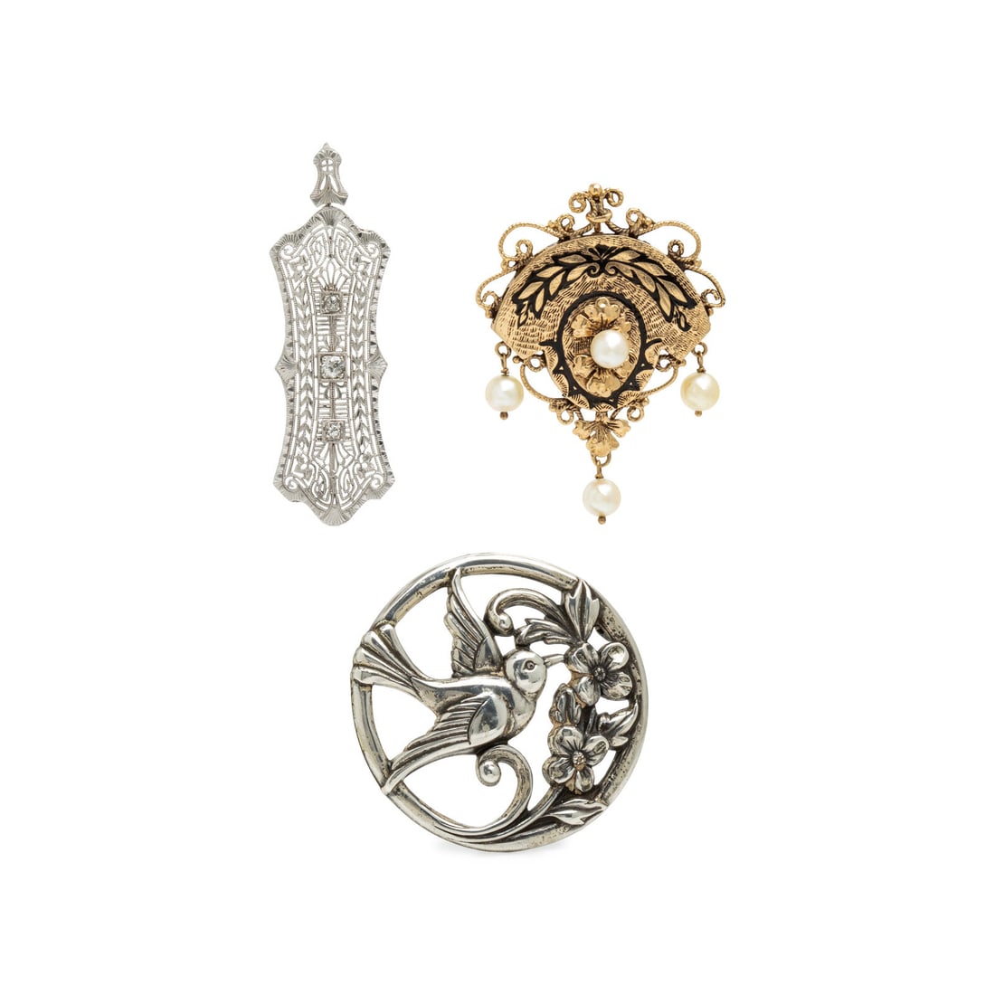 Antique, Collection of Brooches: Antique, Collection of Brooches Including a pendant brooch set with cultured pearls measuring approximately 5.85 - 6.00 mm and black enamel, a filigree pendant brooch set with old European cut diamond