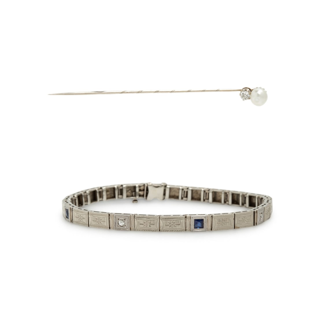 Multigem and White Gold Bracelet and Stick Pin: Multigem and White Gold Bracelet and Stick Pin Including a bracelet with French cut synthetic sapphires and round diamonds, and a stick pin with a cultured pearl and an old European cut diamond weighi