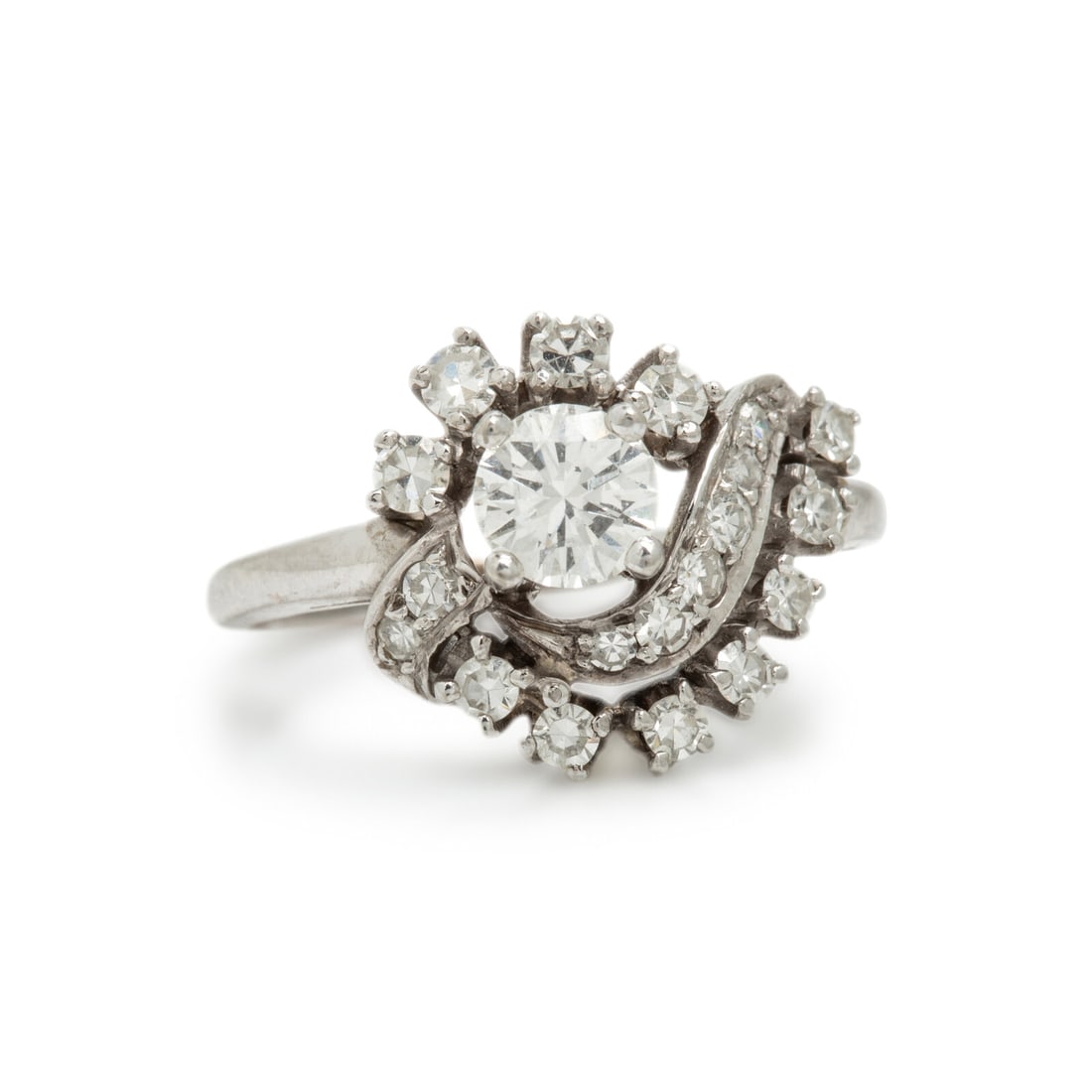 Diamond and White Gold Swirl Ring: Diamond and White Gold Swirl Ring Round and single cut diamonds weighing approximately 0.90 carat total. 14 karat white gold. Ring size 6 1/4. Stamp: 14 (partially obscured). Gross weight: 2.30 dwt.