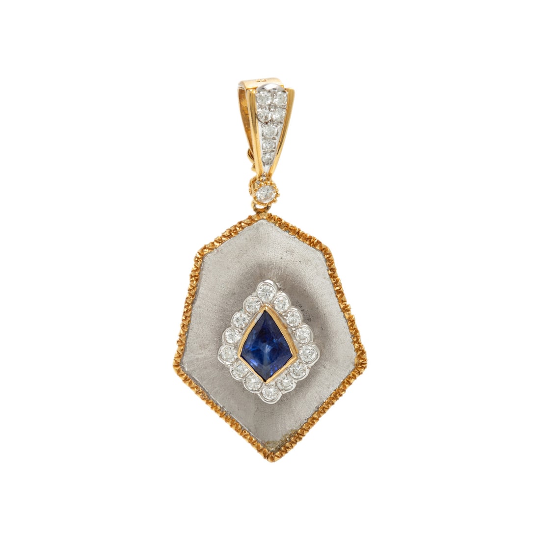 Bicolor Gold, Sapphire, and Diamond Pendant: Bicolor Gold, Sapphire, and Diamond Pendant Shield cut sapphire, and round diamonds weighing approximately 0.60 carat total. 18 karat yellow and white gold. 1 3/4 inches long. Stamp: (partially