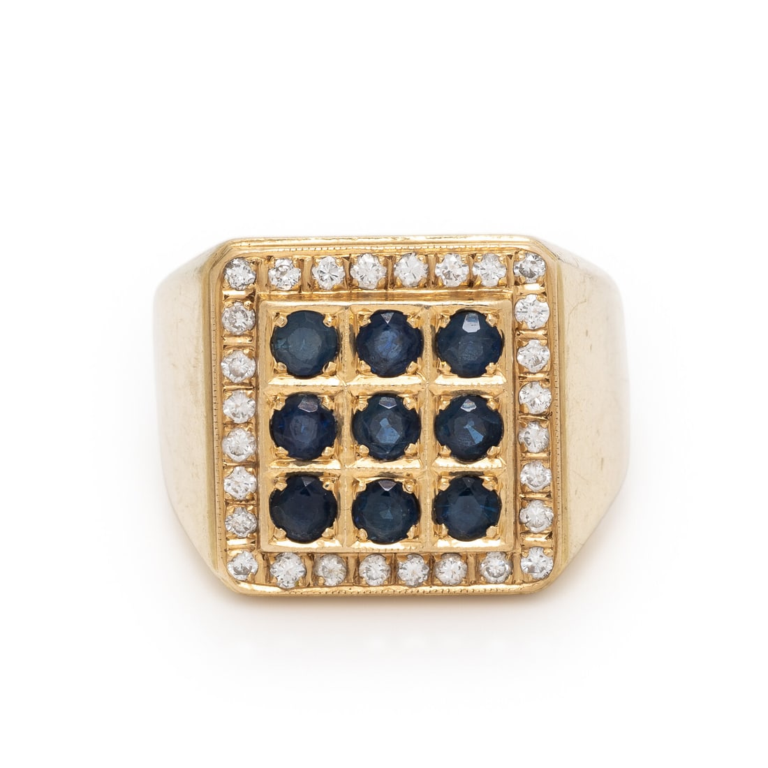 Yellow Gold, Sapphire, and Diamond Ring: Yellow Gold, Sapphire, and Diamond Ring Round sapphires, and round diamonds weighing approximately 0.30 carat total. 14 karat yellow gold. Ring size 9 1/4. Stamp: (maker's marks) 585. Gross weight: