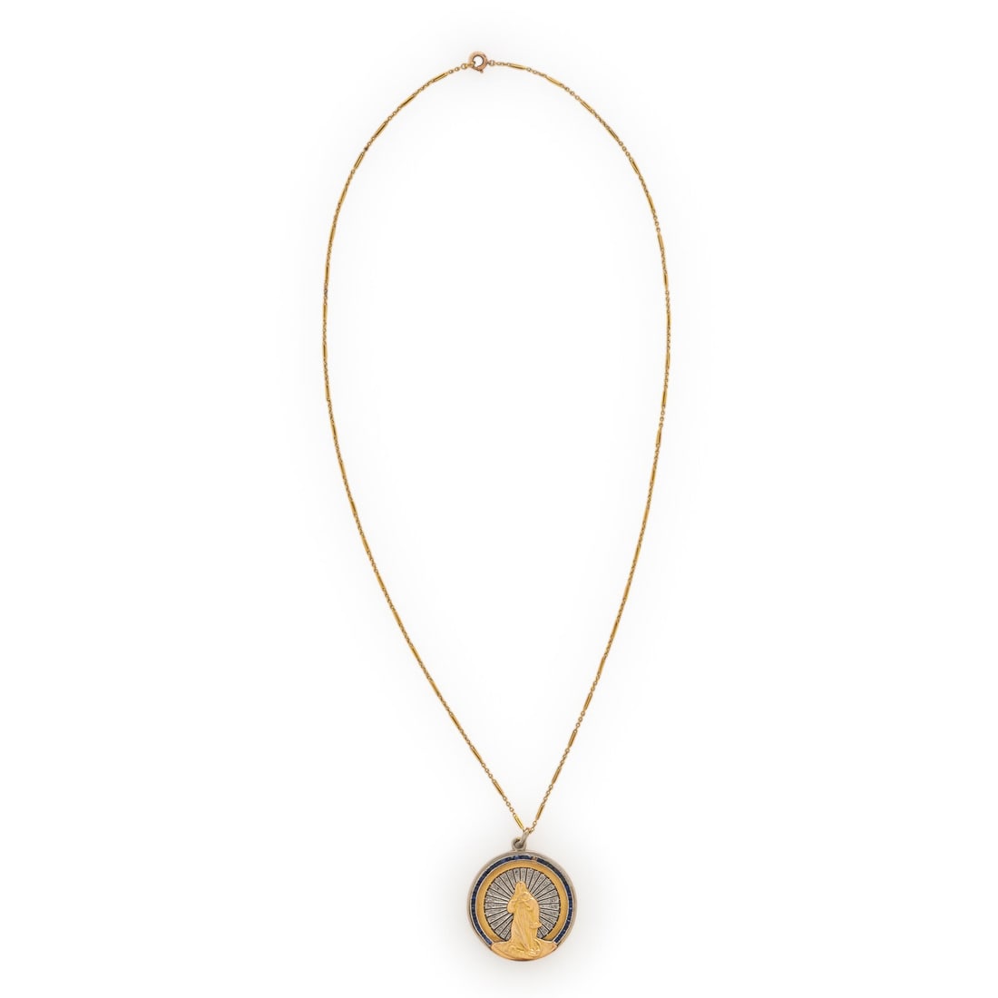 Yellow Gold, Diamond, and Sapphire Pendant Necklace: Yellow Gold, Diamond, and Sapphire Pendant Necklace CalibrÈ cut sapphires and polki cut diamonds weighing approximately 0.25 carat total. Yellow gold and platinum. 19 inches long with a 1/4 inch