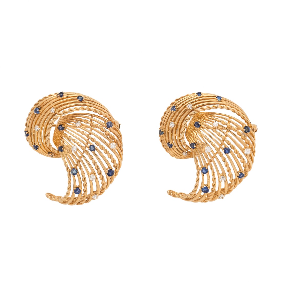 Pair of Yellow Gold, Sapphire, and Diamond Brooches: Pair of Yellow Gold, Sapphire, and Diamond Brooches Single cut diamonds weighing approximately 0.45 carat total, and round sapphires. 14 karat yellow gold. 1 1/2 inches long. Stamp: 14K. Stamp: 14K. G