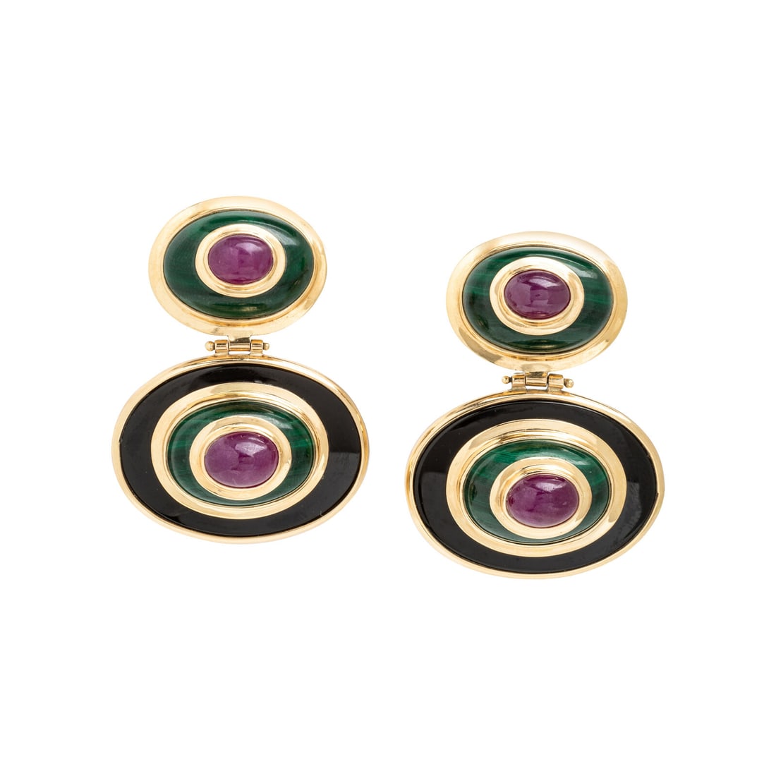 Multigem and Yellow Gold Earrings: Multigem and Yellow Gold Earrings Oval cabochon synthetic rubies, black onyx, and malachite. 14 karat yellow gold. 1 1/2 inches long. Stamp: 14K. Gross weight: 23.35 dwt. This lot is located in Chicag