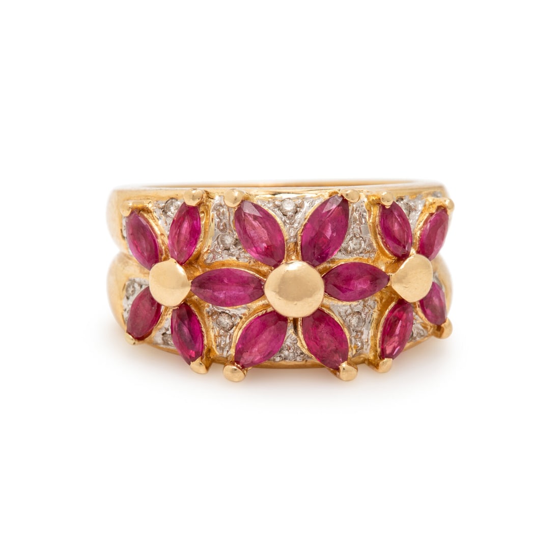 Yellow Gold, Ruby, and Diamond Flower Ring: Yellow Gold, Ruby, and Diamond Flower Ring Marquise cut rubies, and round diamonds weighing approximately 0.10 carat total. 14 karat yellow and white gold. Ring size 6 1/2. Stamp: 14K (maker's mark).