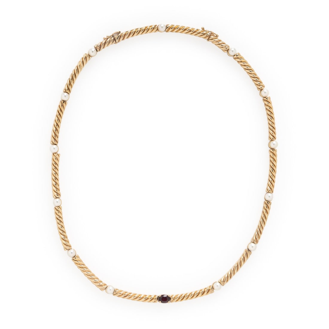 Ruby, Cultured Pearl, and Yellow Gold Necklace: Ruby, Cultured Pearl, and Yellow Gold Necklace Cultured pearls measuring approximately 4.60 - 4.75 mm, and an oval ruby, with detachable extender. 14 karat yellow gold. 16 inches long, and 18 inches