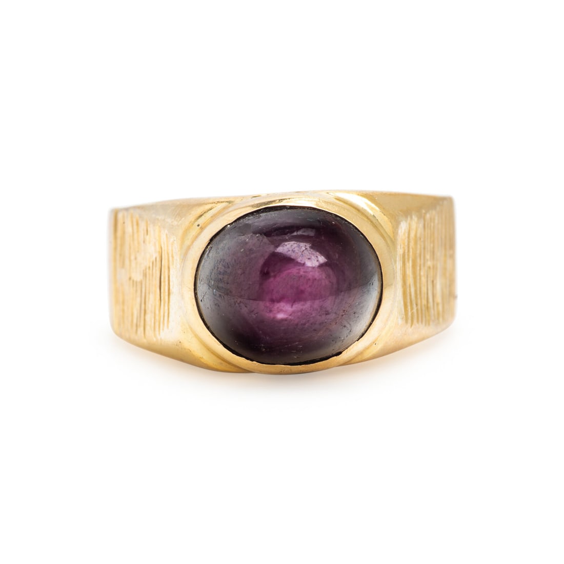 Star Ruby and Yellow Gold Ring: Star Ruby and Yellow Gold Ring Star ruby weighing approximately 11.20 carats by formula. Yellow gold. Ring size 12. Gross weight: 11.95 dwt. From a Private Collection, Prescott, Arizona This lot is