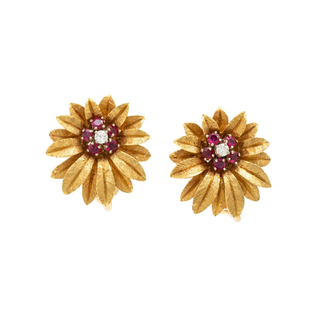 Synthetic Ruby, Diamond, and Yellow Gold Flower Earrings: Synthetic Ruby, Diamond, and Yellow Gold Flower Earrings Round synthetic rubies and round diamonds. 18 karat yellow gold. 3/4 inch long. Stamp: KW 18K. Gross weight: 6.35 dwt. From the Collection of