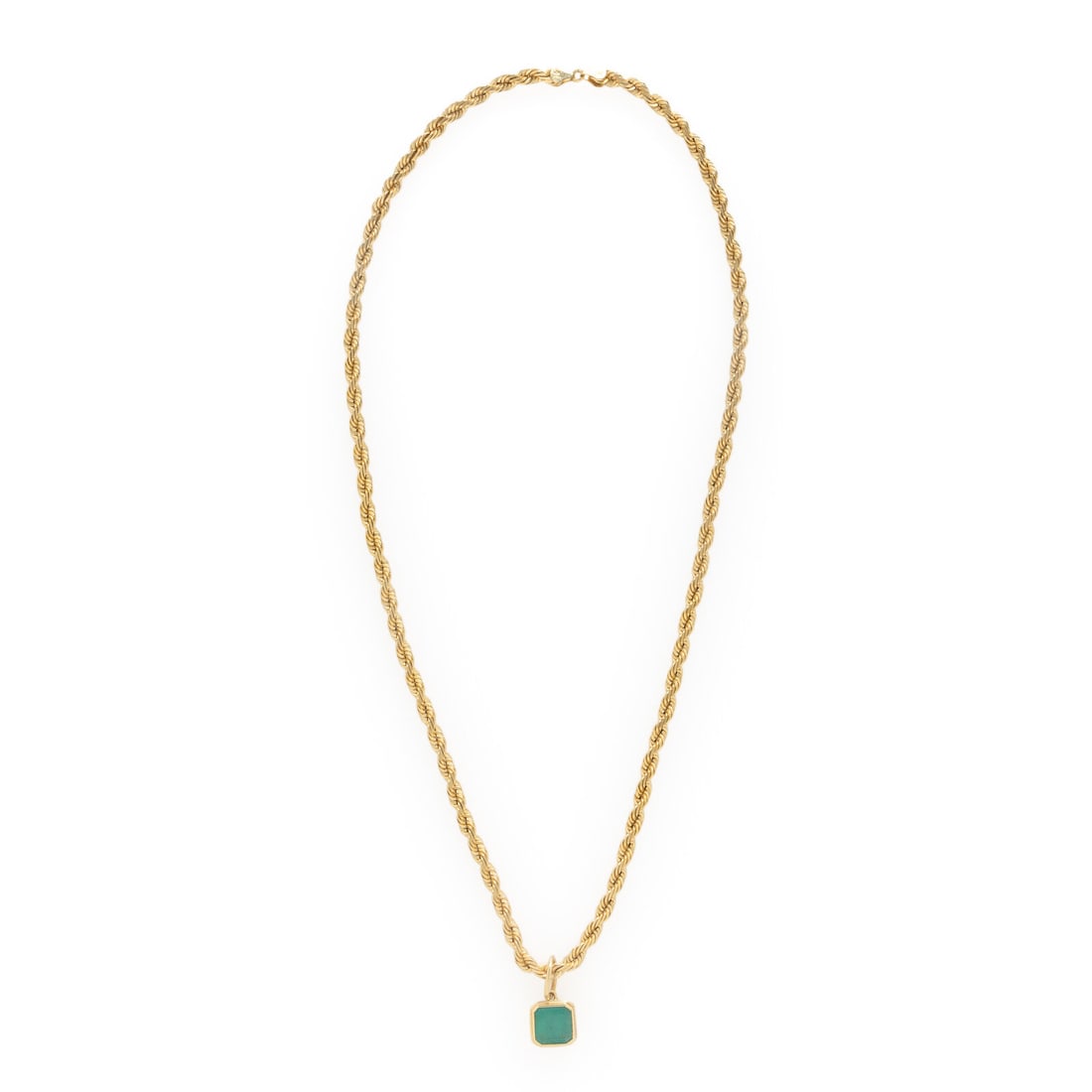 Emerald and Yellow Gold Pendant Necklace: Emerald and Yellow Gold Pendant Necklace Emerald cut emerald weighing approximately 7.15 carats total. 14 karat yellow gold. 27 inches long. Stamp: 14K PERU (maker's mark). Gross weight: 50.65 dwt.