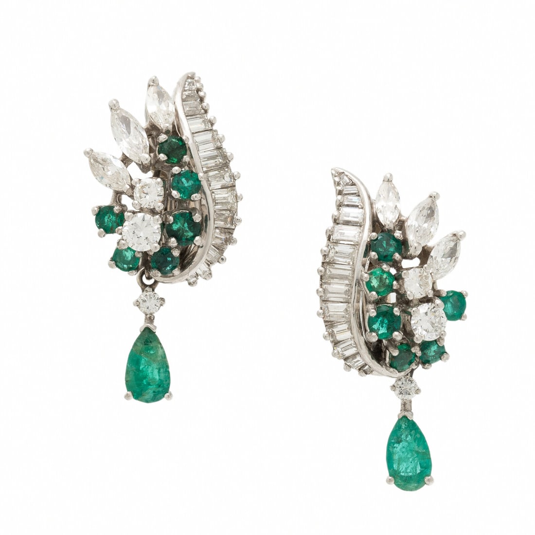 Emerald, Diamond, and Platinum Earrings: Emerald, Diamond, and Platinum Earrings Round, baguette, and marquise cut diamonds weighing approximately 2.20 carats total, and round emeralds and removable pear shape emerald drops. Platinum. 1