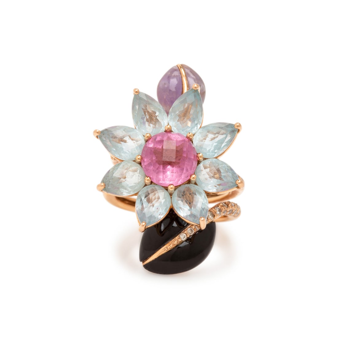 Multigem Flower Ring: Multigem Flower Ring Round checkerboard faceted pink glass measuring approximately 8.20 mm, pear shape checkerboard faceted blue topaz, carved onyx and amethyst, and round diamonds weighing approximat