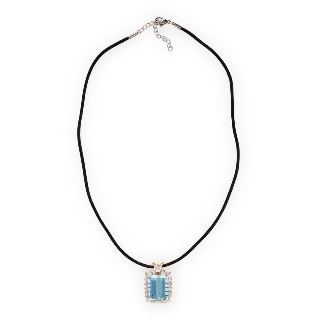 Aquamarine, Diamond, and Yellow Gold Pendant: Aquamarine, Diamond, and Yellow Gold Pendant Emerald cut aquamarine weighing approximately 18.00 carats by formula, and round diamonds weighing approximately 1.60 carats total. 14 karat yellow gold.