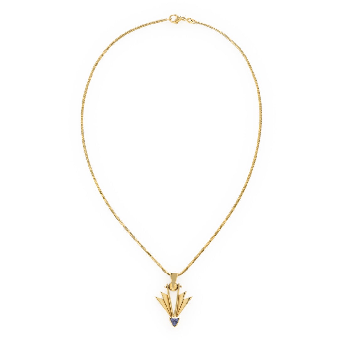 Aaron Macsai, Yellow Gold and Tanzanite Necklace: Aaron Macsai, Yellow Gold and Tanzanite Necklace Shield cut tanzanite weighing approximately 0.75 carat total. 14 karat yellow gold. 18 1/4 inches long. Pendant engraved: A. Macsai '97 18K. Chain