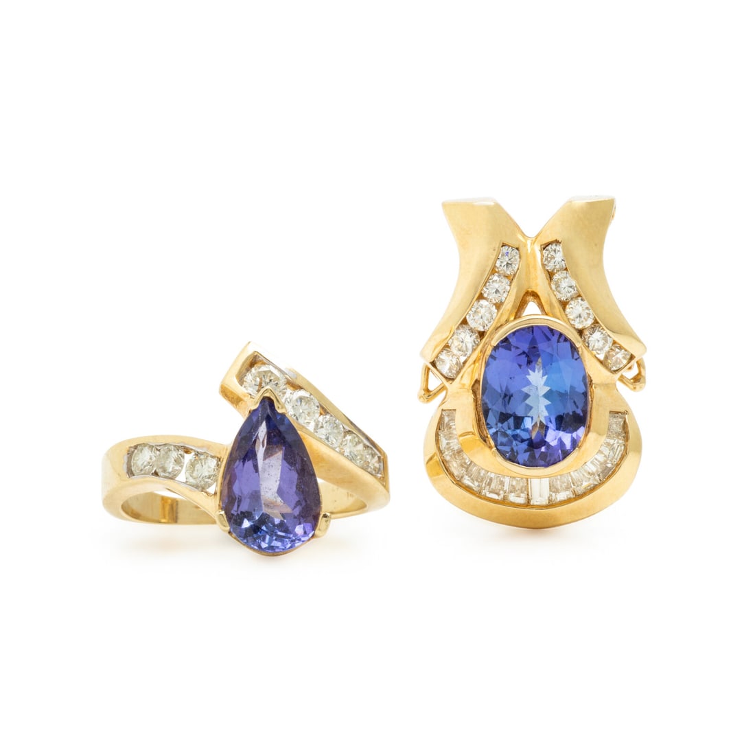 Tanzanite, Diamond, and Yellow Gold Ring and Enhancer Pendant: Tanzanite, Diamond, and Yellow Gold Ring and Enhancer Pendant Including a ring with a pear shape tanzanite weighing approximately 1.85 carats by formula and round diamonds weighing approximately 0.60