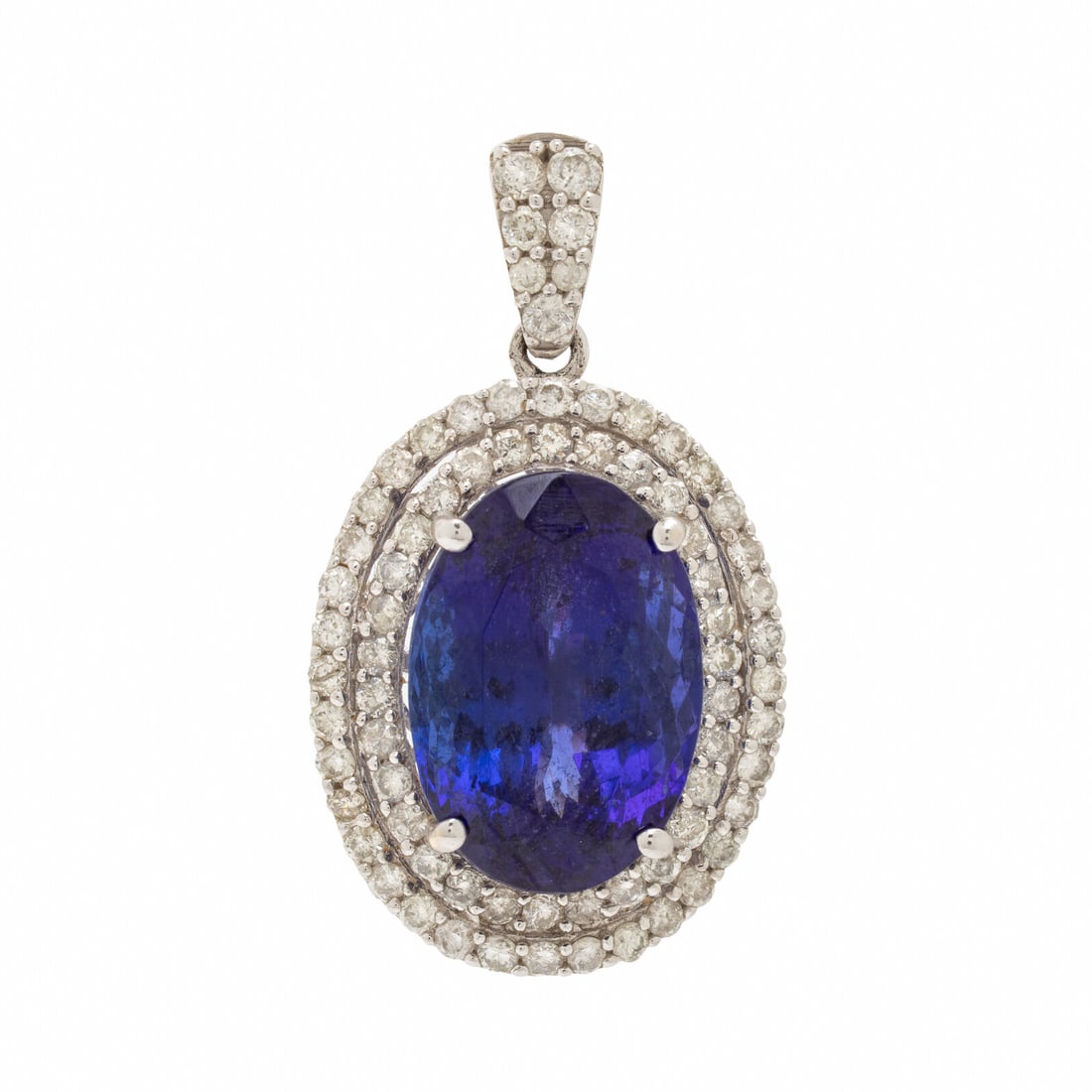 Tanzanite and Diamond Pendant: Tanzanite and Diamond Pendant Oval tanzanite weighing approximately 8.45 carats, with round diamonds weighing 1.30 carats total. 14 karat white gold. 1 1/8 inches long. Stamp: A&A 14K. Gross