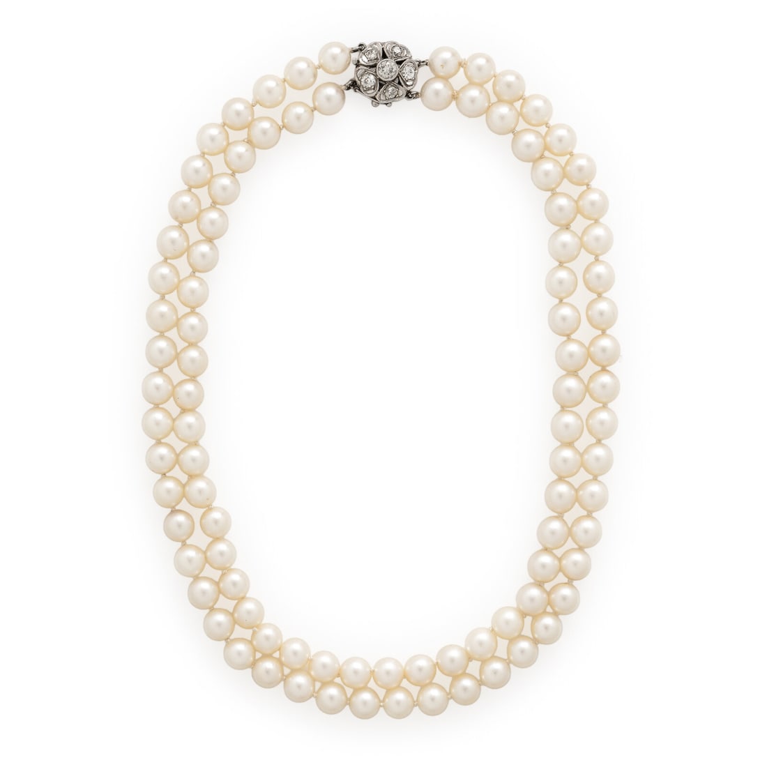 Cultured Pearl, Diamond, and White Gold Necklace: Cultured Pearl, Diamond, and White Gold Necklace Two strands of cultured pearls measuring approximately 7.50 - 7.85 mm, the clasp set with round and transitional cut diamonds weighing approximately 1.