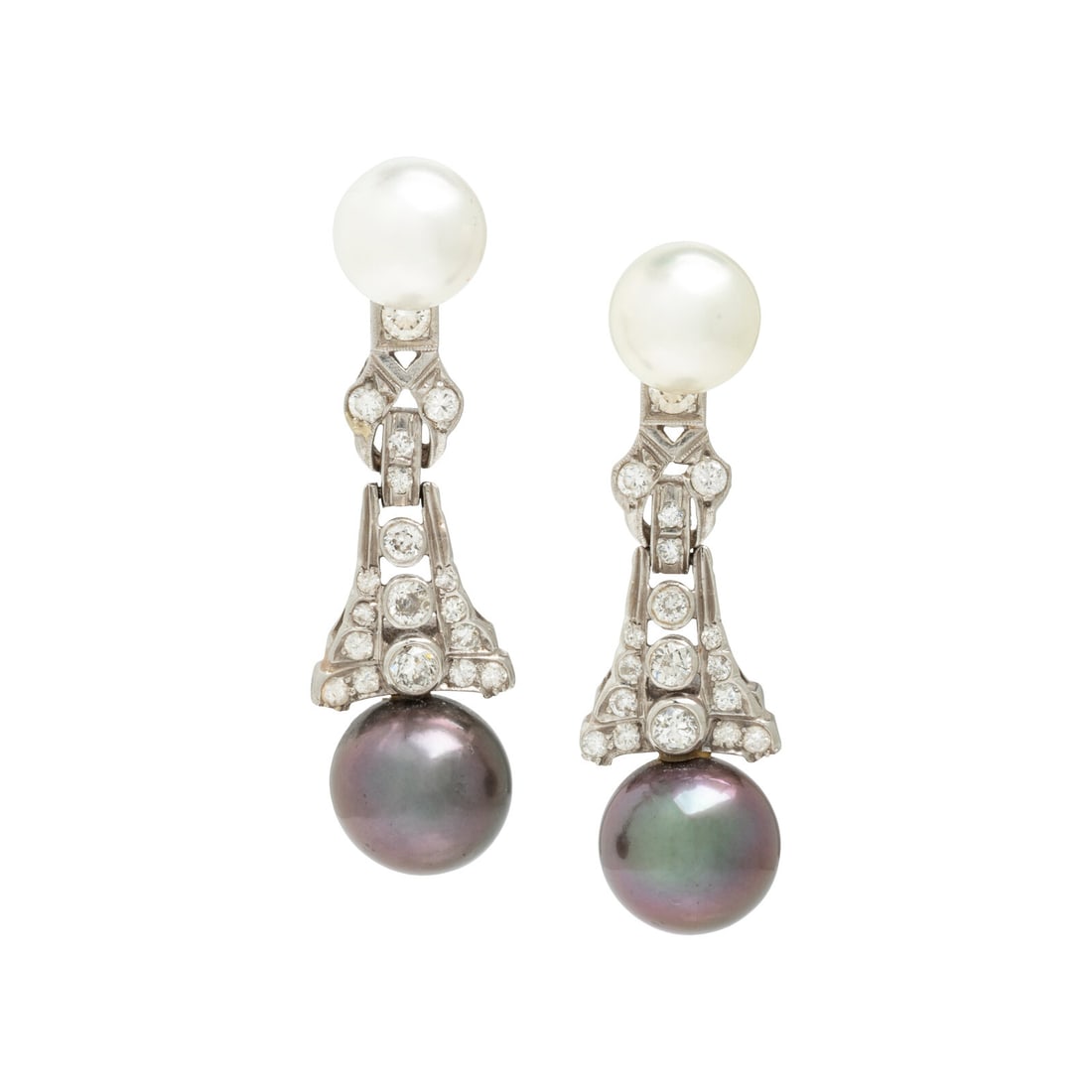 Cultured Pearl and Diamond Convertible Earrings: Cultured Pearl and Diamond Convertible Earrings Cultured white and gray (origin of color not tested) pearls measuring approximately 9.65 - 11.75 mm, the white pearls removable as studs, and