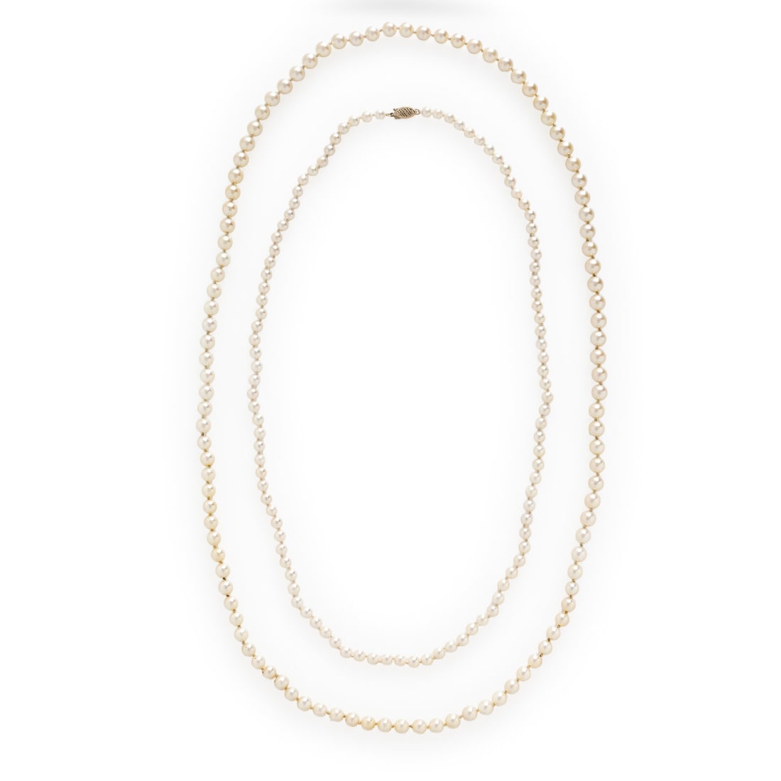 Two Cultured Pearl Necklaces: Two Cultured Pearl Necklaces Including a strand of cultured pearls measuring approximately 6.50 - 7.00 mm, and a strand of cultured pearls measuring approximately 4.80 - 5.10 mm. 14 karat yellow