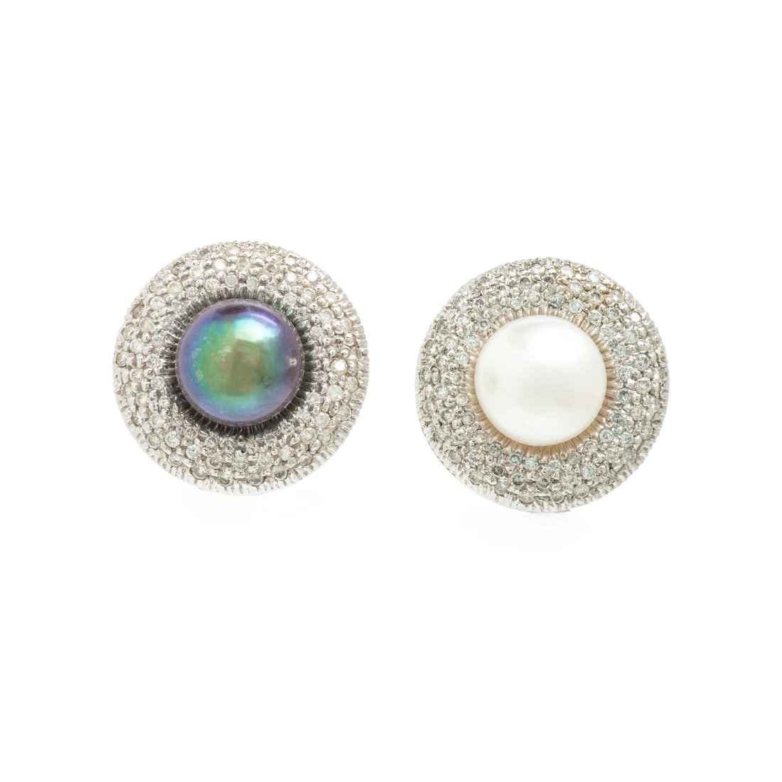 Cultured Pearl, Diamond, and White Gold Earrings: Cultured Pearl, Diamond, and White Gold Earrings One gray (origin of color not tested) and one white cultured pearl measuring approximately 9.15 - 9.30 mm and pavÈ-set round diamonds weighing