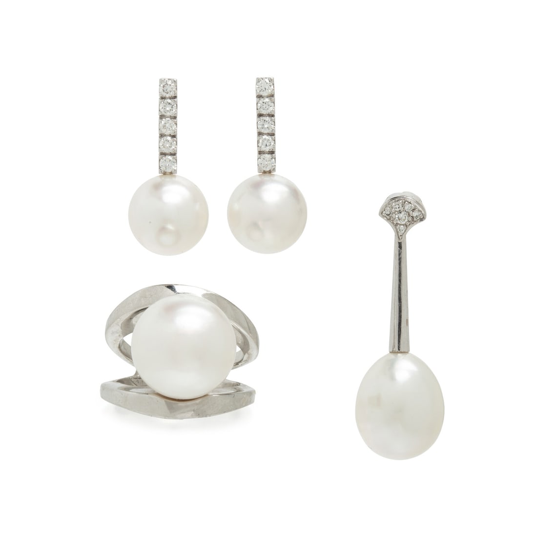Collection of Cultured Pearl and Platinum Jewelry: Collection of Cultured Pearl and Platinum Jewelry Including a pendant set with a cultured pearl measuring approximately 13.25 mm and pavÈ-set round diamonds, a pair of earrings set with cultured 