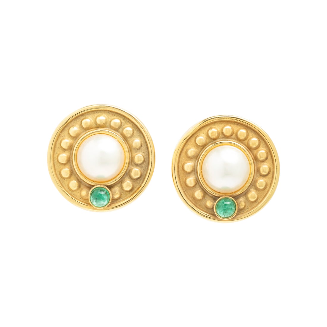 MabÈ Pearl, Emerald, and Yellow Gold Earrings: MabÈ Pearl, Emerald, and Yellow Gold Earrings MabÈ pearls measuring approximately 11.15 mm and round cabochon emeralds. 18 karat yellow gold. 1 inch long. Stamp: ANF 18K. Gross weight: 9.90
