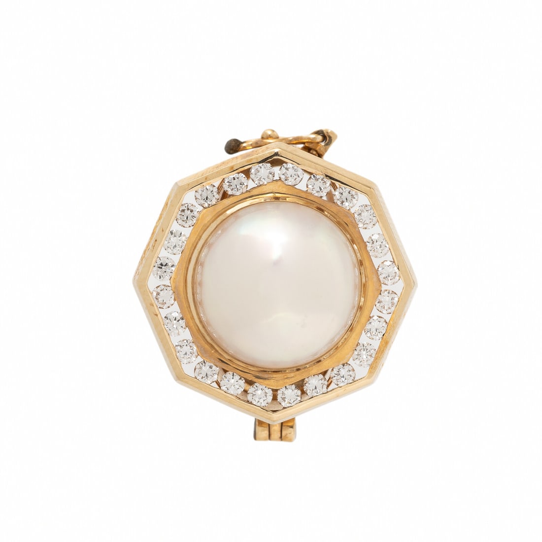 MabÈ Pearl, Yellow Gold, and Diamond Necklace Enhancer: MabÈ Pearl, Yellow Gold, and Diamond Necklace Enhancer MabÈ pearl and round diamonds weighing approximately 0.60 carat total. 14 karat yellow gold. 7/8 inch long. Stamp: JOSHUA CO 14K US PAT