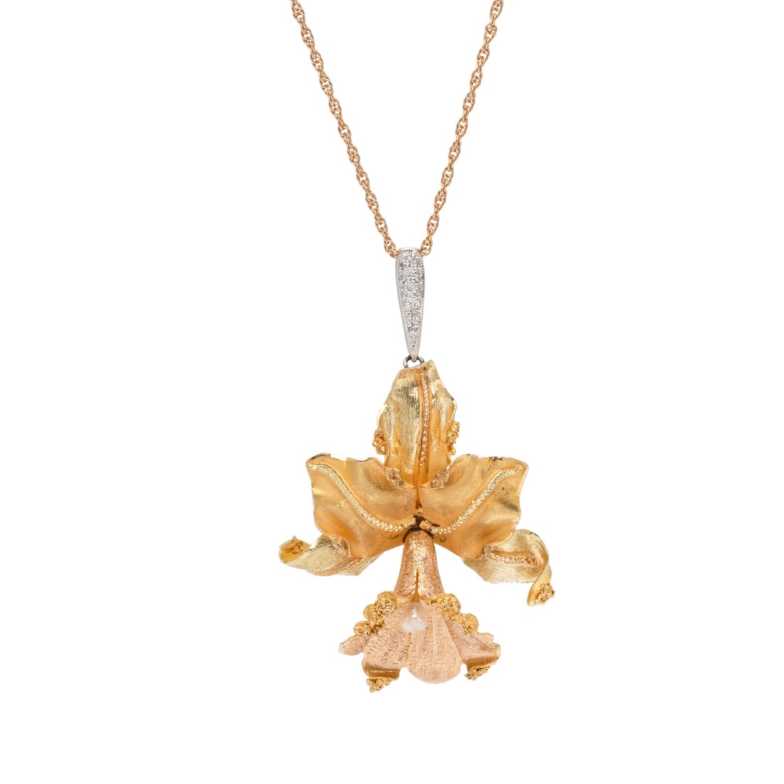 Yellow Gold, Diamond, and Cultured Pearl Flower Pendant Necklace: Yellow Gold, Diamond, and Cultured Pearl Flower Pendant Necklace Baroque cultured pearl measuring approximately 2.50 mm and round diamonds. 18 karat yellow gold and 14 karat rose and white gold. 18 in