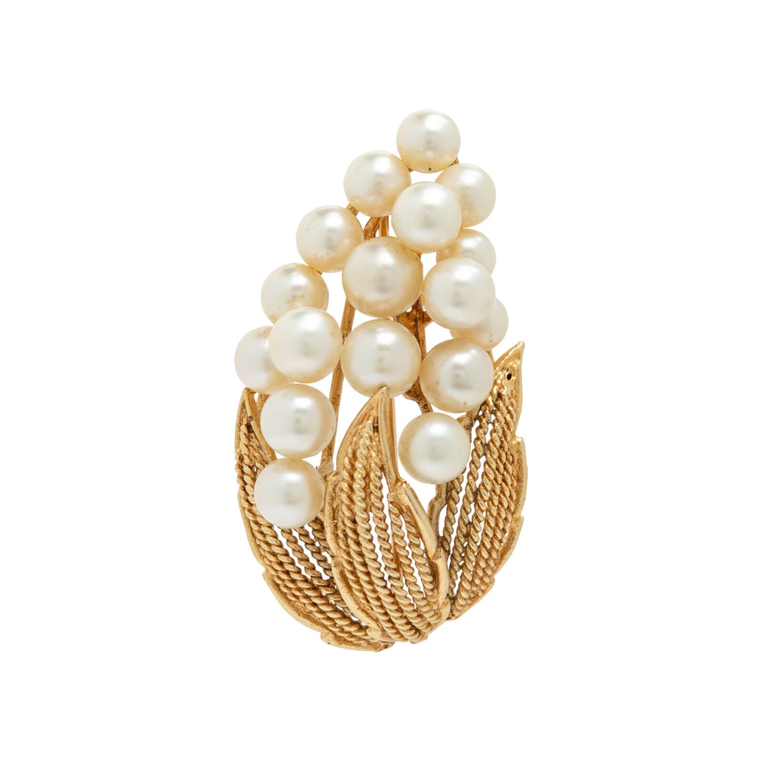 Yellow Gold and Cultured Pearl Brooch: Yellow Gold and Cultured Pearl Brooch Cultured pearls measuring approximately 5.25 - 6.50 mm. 14 karat yellow gold. 1 3/4 x 1 inches. Stamp: 14K. Gross weight: 8.15 dwt. This lot is located in Chicago