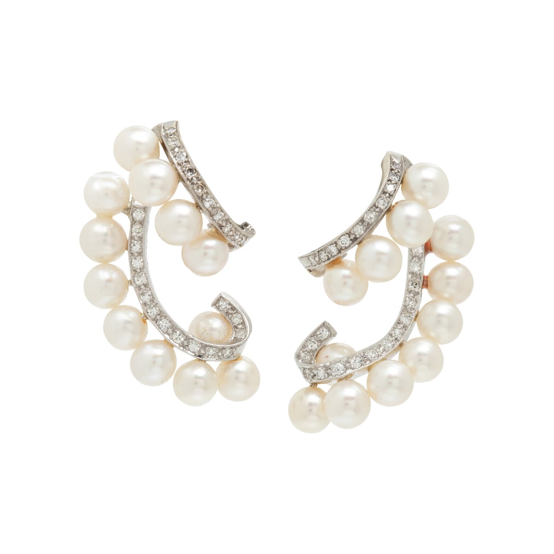 Cultured Pearl, Diamond, and White Gold Earrings: Cultured Pearl, Diamond, and White Gold Earrings Cultured pearls measuring approximately 5.50 - 5.70 mm, and single cut diamonds 0.75 carat total. White gold. 1 3/8 inches long. Gross weight: 9.80