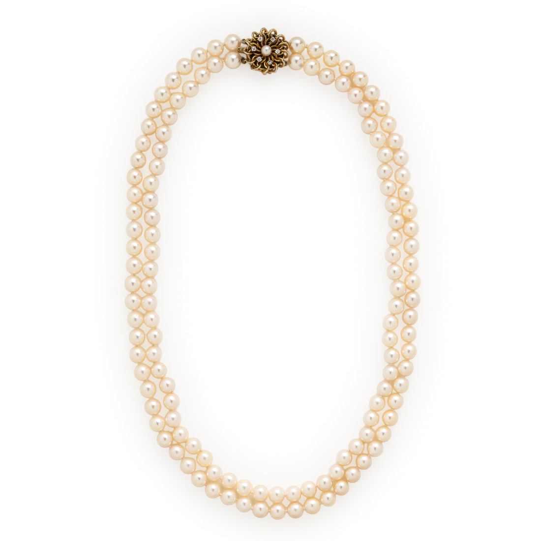 Cultured Pearl, Diamond, and Yellow Gold Necklace: Cultured Pearl, Diamond, and Yellow Gold Necklace Two strands of cultured pearls measuring approximately 8.15 - 8.45 mm, the clasp set with round and single cut diamonds and a cultured pearl. 14 karat