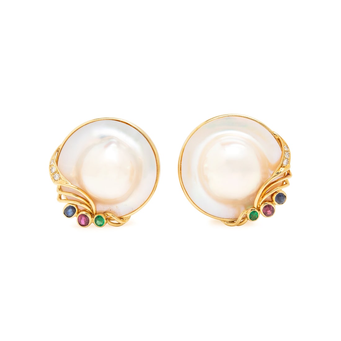 MabÈ Pearl, Multigem, and Yellow Gold Earrings: MabÈ Pearl, Multigem, and Yellow Gold Earrings MabÈ pearls measuring approximately 23.80 - 24.50 mm, round diamonds, and oval sapphires, rubies, and emeralds. 14 karat yellow gold. 1 inch lo