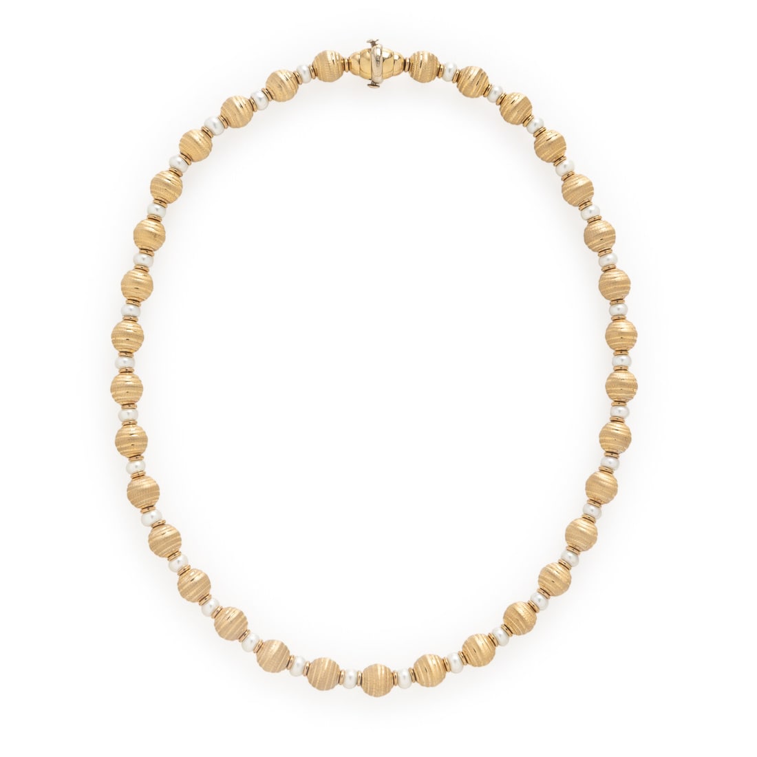 Yellow Gold and Cultured Pearl Necklace: Yellow Gold and Cultured Pearl Necklace Cultured pearls measuring approximately 4.50 - 4.90 mm and textured gold beads. 14 karat yellow gold. 17 1/8 inches long. Stamp: B&M 14K ITALY 585. Gross