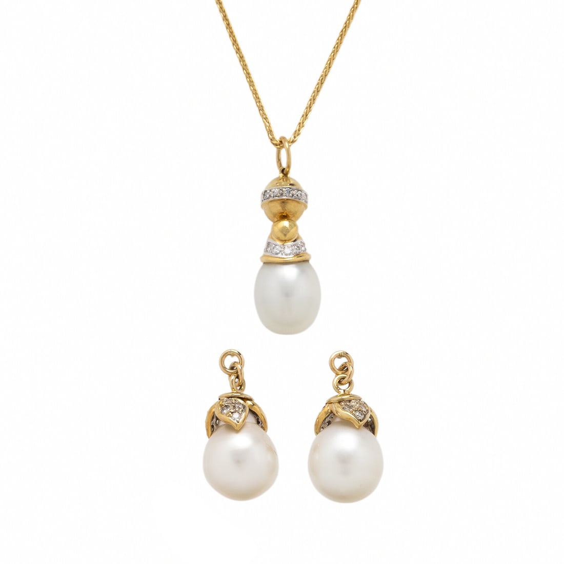 Collection of Cultured Pearl, Diamond, and Yellow Gold Jewelry: Collection of Cultured Pearl, Diamond, and Yellow Gold Jewelry Including a pair of earrings and necklace with baroque cultured pearls measuring approximately 12.25 - 12.50 mm, and round diamonds